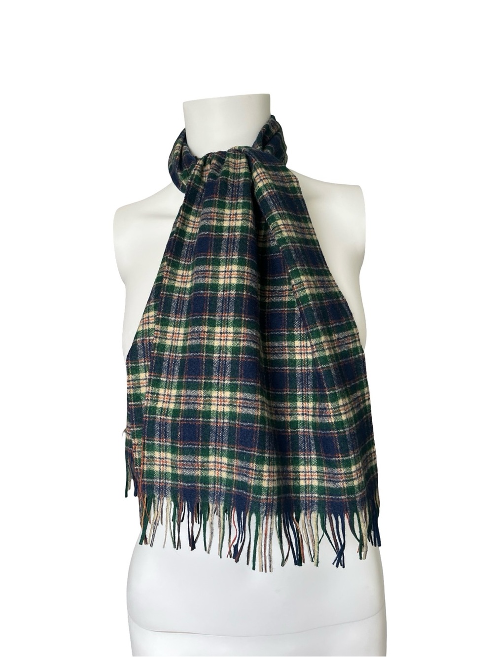 Vintage Pendleton Wool Scarf Blue Green Plaid with Fringe Old Money Academia